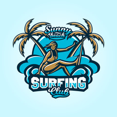 Logo on surfing. Emblem surfer girl in a bathing suit. Beach, waves, palm trees, tropical island. Extreme sport. Badges shield, lettering. Vector illustration.