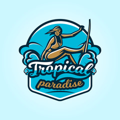 Logo on surfing. Emblem surfer girl in a bathing suit. Beach, waves, tropical island. Extreme sport. Badges shield, lettering. Vector illustration.