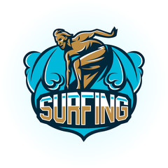 Logo on surfing. The emblem of male surfer on the board. Beach, waves, tropical island. Extreme sport. Lettering. Vector illustration.