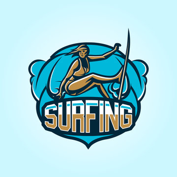 Logo on surfing. Emblem surfer girl in a bathing suit. Beach, waves, tropical island. Extreme sport. Lettering. Vector illustration.