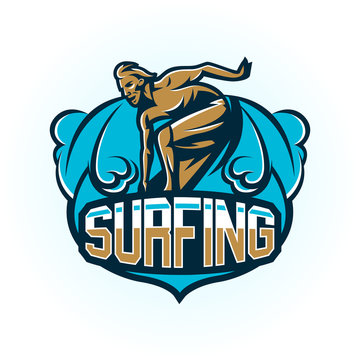 Logo on surfing. The emblem of male surfer on the board. Beach, waves, tropical island. Extreme sport. Lettering. Vector illustration.