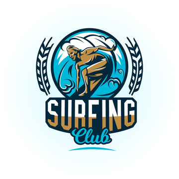 Logo on surfing. The emblem of male surfer on the board. Beach, waves, tropical island. Extreme sport. Badges shield, lettering. Vector illustration.