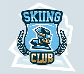 Logo skiing club. Emblem the skier faces in profile, ski goggles, cap. Extreme winter sport. Badges shield, lettering. Vector illustration.