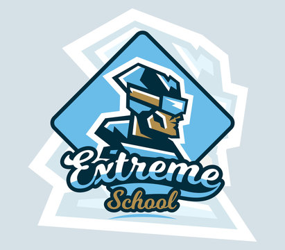 Logo on skiing. Emblem the skier faces in profile, ski goggles, cap. Extreme winter sport. Badges shield, lettering. Vector illustration.