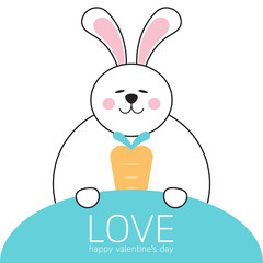Happy valentines day with bunny rabbit cartoon character and carrot.