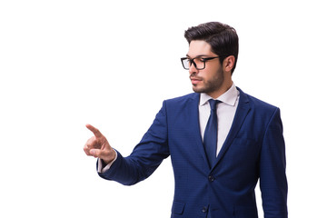 Young businessman pressing virtual buttons isolated on white