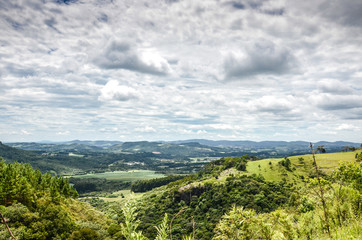 Mountain background with farms, trees, plants, green vegetation