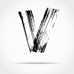 Letter V. Handwritten by dry brush. Rough strokes font. Vector illustration. Grunge style alphabet.