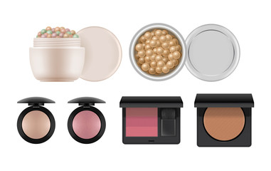 Cosmetic set for nude makeup. 3d realistic of compact powder, rouge in black plastic case, bronzer balls, powder meteorites or pearls. Vector illustration isolated on white background.