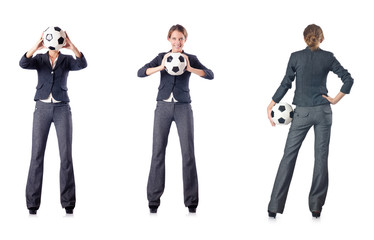 Obraz premium Businesswoman with football on white