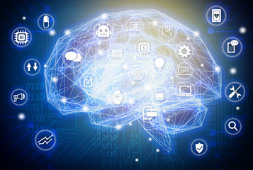 Machine learning , artificial intelligence , ai , deep learning and future concept. Wireframe Brain...