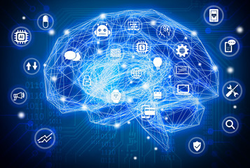 Machine learning , artificial intelligence , ai , deep learning and future concept. Wireframe Brain connect with circuit electronic graphic , binary code and technology icons background.Blue tone - obrazy, fototapety, plakaty