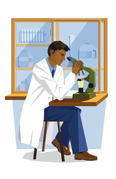 scientist man looking in microscope in science lab