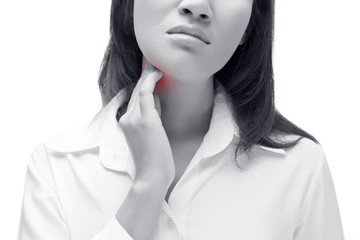 Sore throat of a women. Touching the neck. Isolated on white bac