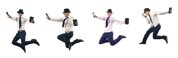 Jumping businessman isolated on white