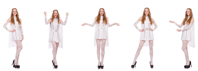 Pretty lady in light charming dress isolated on white