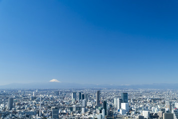 東京都市風景　昼　港区から望む　富士山　渋谷中心街　都心の街並全景　大空コピースペース