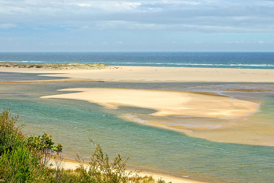 The Snowy River flows into the Bass Strait near Marlo in Victoria, Australia