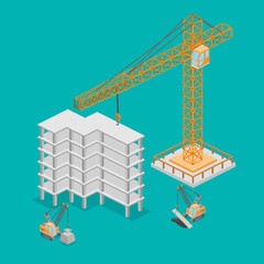 Isometric 3D vector illustration truck crane construction. construction of a multistory building.