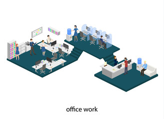 Isometric flat 3D concept vector design interior office set with workers and support hotline