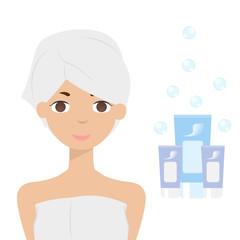 Beautiful sweet girl or woman with a face mask after shower vector illustration cartoon character. Facials.