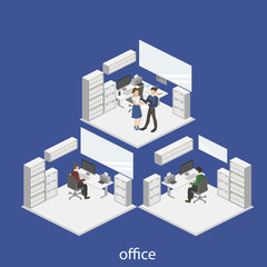 Isometric 3D vector illustration interior design office department. Work in the office. The concept of the idea of business and work.