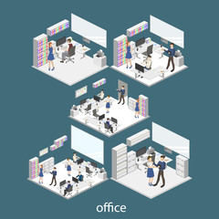 Isometric 3D vector illustration interior design office department. Work in the office. The concept of the idea of business and work.