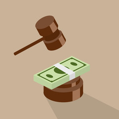 Isometric vector illustration auction and bidding concept. Sale of the lot at auction. Big auction hammer with money.