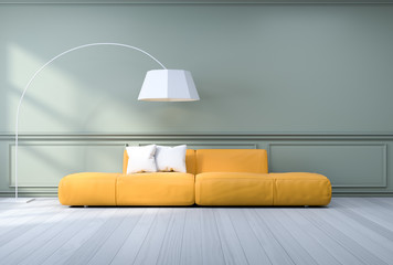 Minimalist  interior design,light gray sofa with white lamp on blue frame wall and hardwood flooring , 3d render