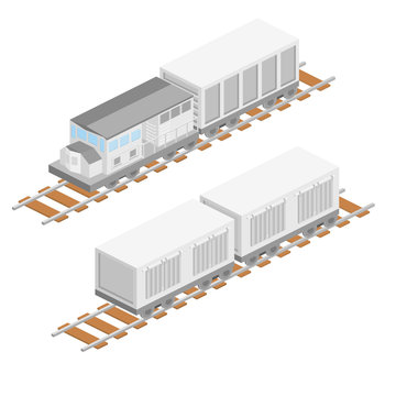 Isometric vector illustration Freight train with wagons. Railway with containers. Set of collection cargo train.