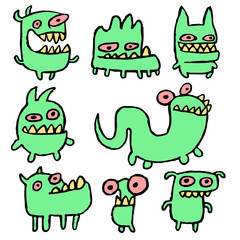Obraz premium Funny Green Monsters in Different Shapes Vector Illustration. Contour Freehand Digital Drawing Cute Pet. White Color Background. Cheerful Collection Creatures for Web Icons and Shirt. 