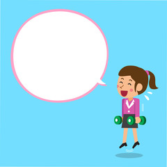 Cartoon businesswoman doing dumbbell calf jump training with white speech bubble