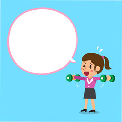 Cartoon businesswoman doing dumbbell lateral raise training with white speech bubble