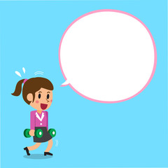 Cartoon businesswoman doing dumbbell lunge training with white speech bubble