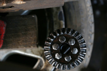 Backlash steel and tires is old and dirty.