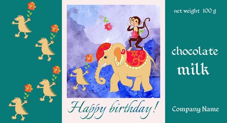 Happy birthday. Chocolate packaging with cute monkey, elephant and small crocodile on watercolor background. Cartoon illustration -  4.