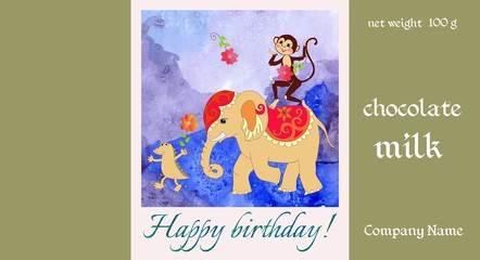 Happy birthday. Chocolate packaging with cute monkey, elephant and small crocodile on watercolor background. Cartoon illustration - 1.