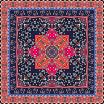 Beautiful oriental scarf with ornamental border. Lovely tablecloth. Indian carpet. Bandana print. Pillowcase. Print for fabric. Ceramic tile.