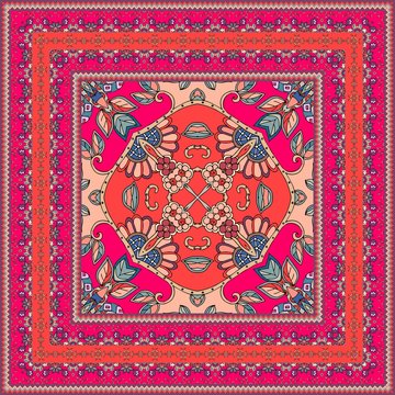 Beautiful oriental scarf with ornamental border. Lovely tablecloth. Carpet. Bandana print. Pillowcase. Print for fabric. Ceramic tile. Kerchief square design pattern.