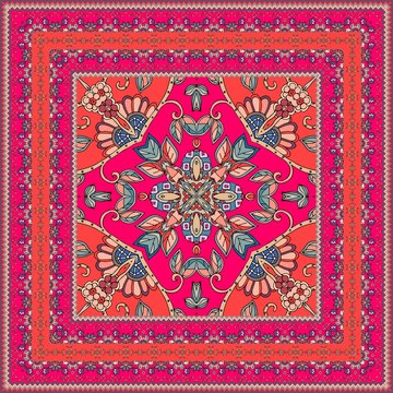 Beautiful oriental scarf with ornamental border in red and pink tones.. Lovely tablecloth. Carpet. Bandana print. Pillowcase. Print for fabric. Ceramic tile. Kerchief square design pattern.