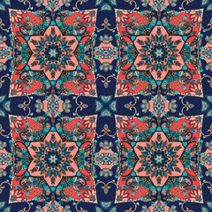 Fotobehang Marokkaanse tegels Hoes. Oosterse sjaal. Prachtig tafelkleed. Tapijt. Etnische bandana print. Afdrukken voor stof. Keramische tegel. Hoofddoek vierkant ontwerppatroon. Behang.