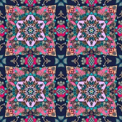 Cover. Oriental scarf. Lovely tablecloth. Carpet. Ethnic bandana print. Fashionable print for fabric. Ceramic tile. Kerchief square design pattern. Wallpaper.