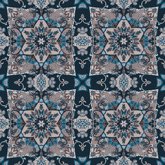 Cover in grey and blue tones. Oriental scarf. Lovely tablecloth. Carpet. Ethnic bandana print. Print for fabric. Ceramic tile. Kerchief square design pattern. Wallpaper.