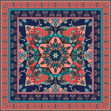 Oriental scarf with beautiful border. Lovely tablecloth. Carpet. Ethnic bandana print. Pillowcase. Print for fabric. Ceramic tile. Kerchief square design pattern. Indian rug.