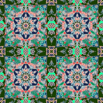 Rug. Oriental scarf. Lovely tablecloth. Carpet. Ethnic bandana print. Print for fabric. Ceramic tile. Kerchief square design pattern. Wallpaper.