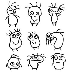 Funny Things in Different Shapes in Black White Colors Vector Illustration. Cartoon Isolated Characters Freehand Digital Drawing Set. Cheerful Collection Creatures for Cute Web Icons and Shirt.