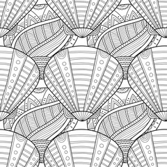 Black white seamless pattern with decorative sea shells for coloring