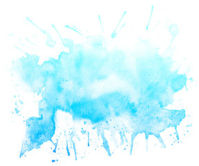 Abstract blue watercolor on white background.The color splashing on the paper.It is a hand drawn.