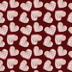 Розовое акварельное сердце из кусочков на бордовом фоне