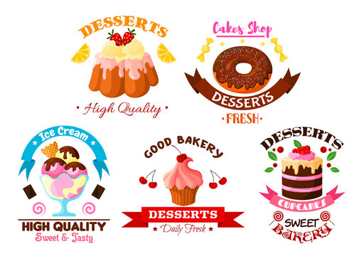 Dessert sweets, ice cream vector bakery icons set